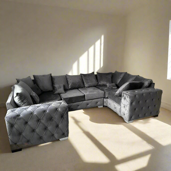 Ashton U Shape Sofa - Plush Silver/6 Seater